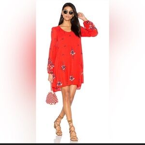 Free People Red Floral Long Sleeve Dress